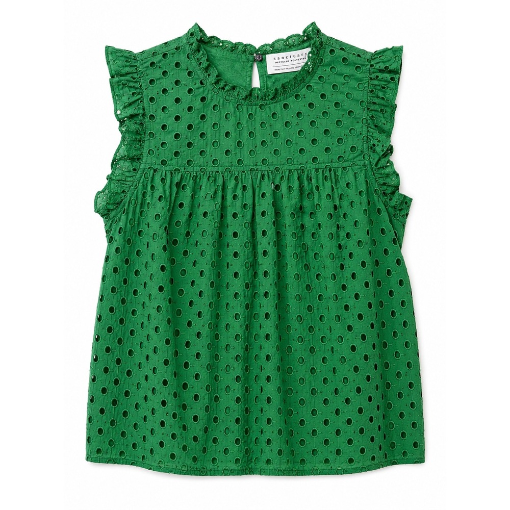 Jodifl Green Eyelet Lace Ruffle High Neck Blouse Long Sleeve Top Large